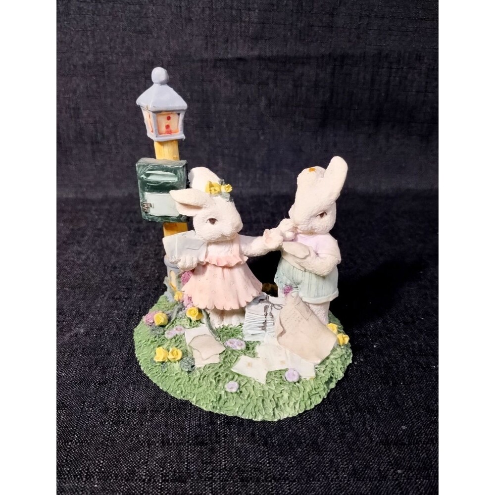 Resin White Easter Spring Bunny Rabbits Girl Boy Mailing Letters Spring Flowers